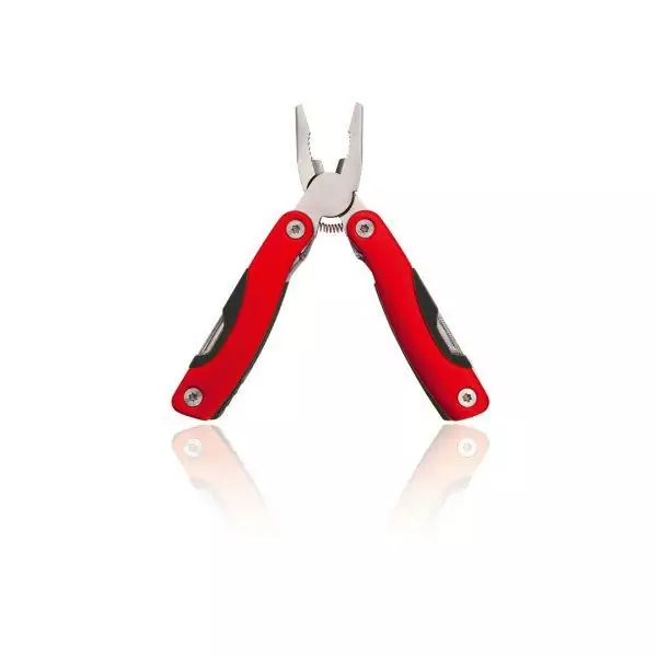 Outil multifonctions -12 fonctions- avec corps résistant en acier inox . incluant couteaux et lames, tournevis, limes, ouvre-bouteilles et pinces. Couleurs vives. Présenté dans un étui en polyester résistant et boite individuelle. 12 Fonctions Aluminium/ Acier Inox