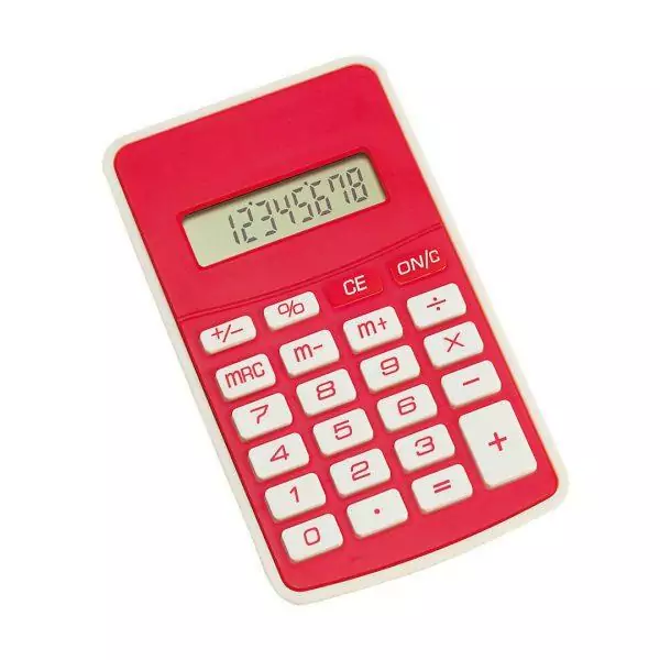 Calculatrice à 8 chiffres de conception bicolore originale avec couleurs vives et clavier souple. Pile bouton incluse avec film de protection. Présentée dans une boîte individuelle. Pile Bouton Inclus