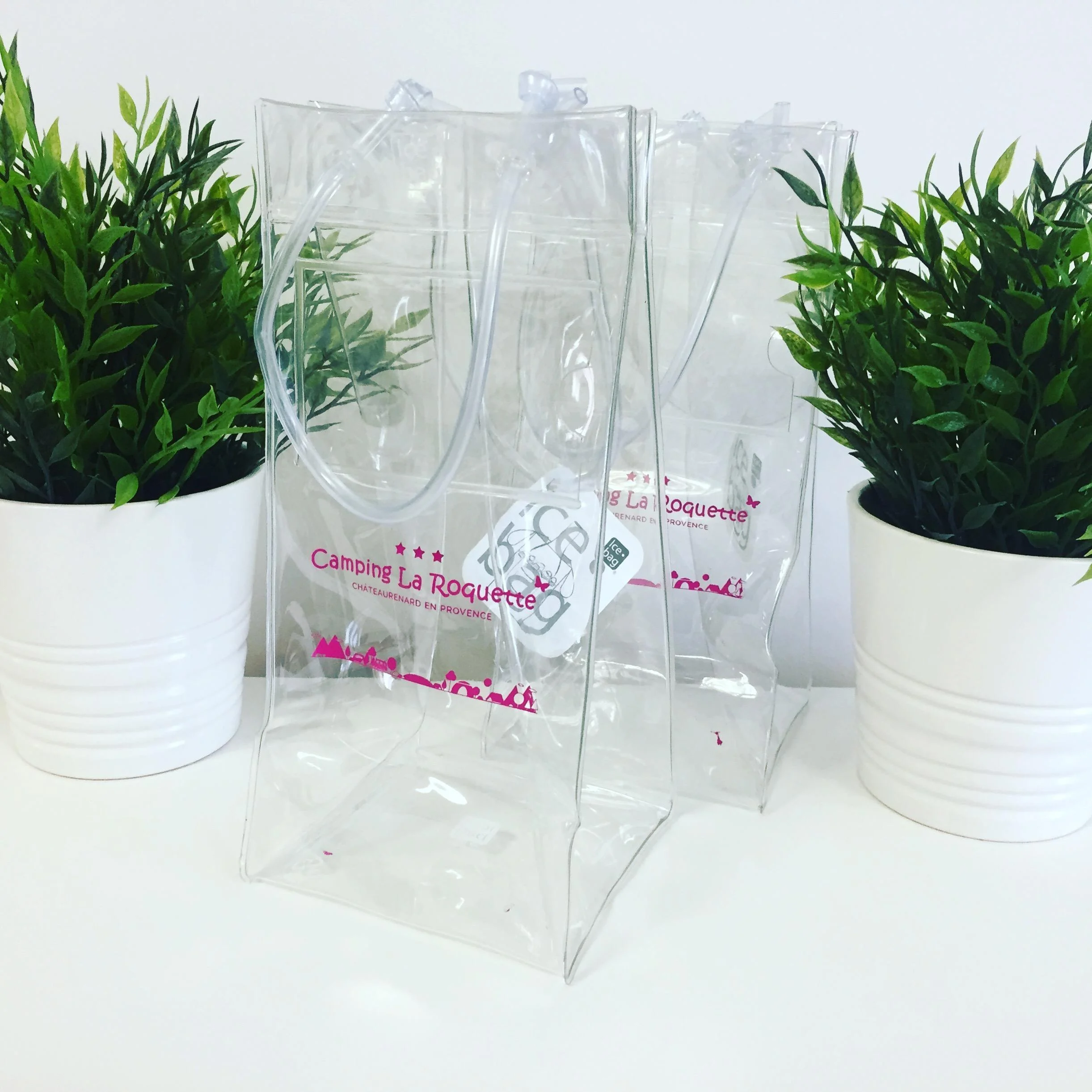Ice bag transparent personnalisé camping rosé