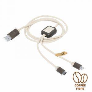 Câble de charge avec 4 fiches : USB, micro USB, USB-C et fiche compatible avec les appareils iOS, 5V/2.4A, fabriqué à partir de fibre de café et de coton recyclé, conforme au certificat GRS (Global RecycIed Standard)