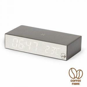 Chargeur sans fil 10W, horloge numérique intégrée, fonctions : alarme, température, heure et date, corps en fibre de café et coton recyclé, fonctionne avec les appareils avec fonction de charge par induction, conforme au certificat GRS (Global RecycIed Standard)
