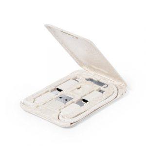 Câble de charge et de synchronisation avec 2 fiches USB-C dans un étui, en paille de blé, 3 adaptateurs avec entrée USB-C et fiches : USB, micro USB et prise compatible avec les appareils iOS, 5V/3A, support pour téléphone