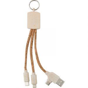 Câble de charge en liège, en liège, éléments en paille de blé, 3 fiches : USB A/C, USB type C, compatible iOS