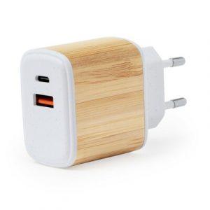 Chargeur mural USB rapide en bambou et paille de blé avec ports USB et USB-C, entrée 100-240V, sortie USB 5-12V/3-1.5A, sortie USB-C 5-12V/3-1.66A