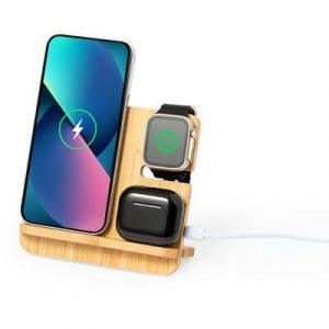 Chargeur sans fil Bamboo 15W, support de téléphone, fonctionne avec les appareils avec fonction de charge inductive, peut charger trois appareils simultanément, entrée USB-C 9-12V/1.5A, câble USB-C inclus