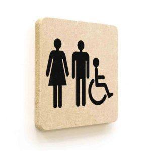 Plaque de porte carrée Picto Toilettes Hommes Femmes Handicapés en Bois médium - 120 x 120 - Gamme Leaf®