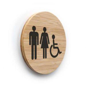 Plaque de porte picto Toilettes Hommes Femmes PMR ø 100 mm - gamme Bamboo