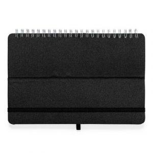 Carnet RPET (env. A5, 70 feuilles lignées), support pour téléphone, support pour tablette, couverture rigide, reliure spirale, élastique de fermeture, porte-stylo
