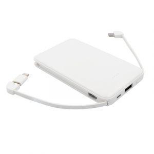 Power Bank de 5000 mAh avec 2 câbles intégrés : USB type C et micro USB, adaptateur avec entrée micro USB et prise compatible avec les appareils iOS, 4 diodes indiquant le niveau de puissance, entrée USB type C, câble USB type C inclus
