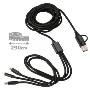 Câble de charge avec 4 embouts : USB, USB C, micro USB et un embout compatible avec les appareils iOS, longueur 290 cm