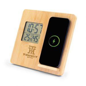 Chargeur sans fil 10 W, fonctionne avec les appareils avec fonction de charge par induction, comprend une station météo, une horloge, un thermomètre et un hygromètre, peut également être utilisé comme support de téléphone, entrée USB-C, câble USB-C vers USB-C inclus, produit en bambou