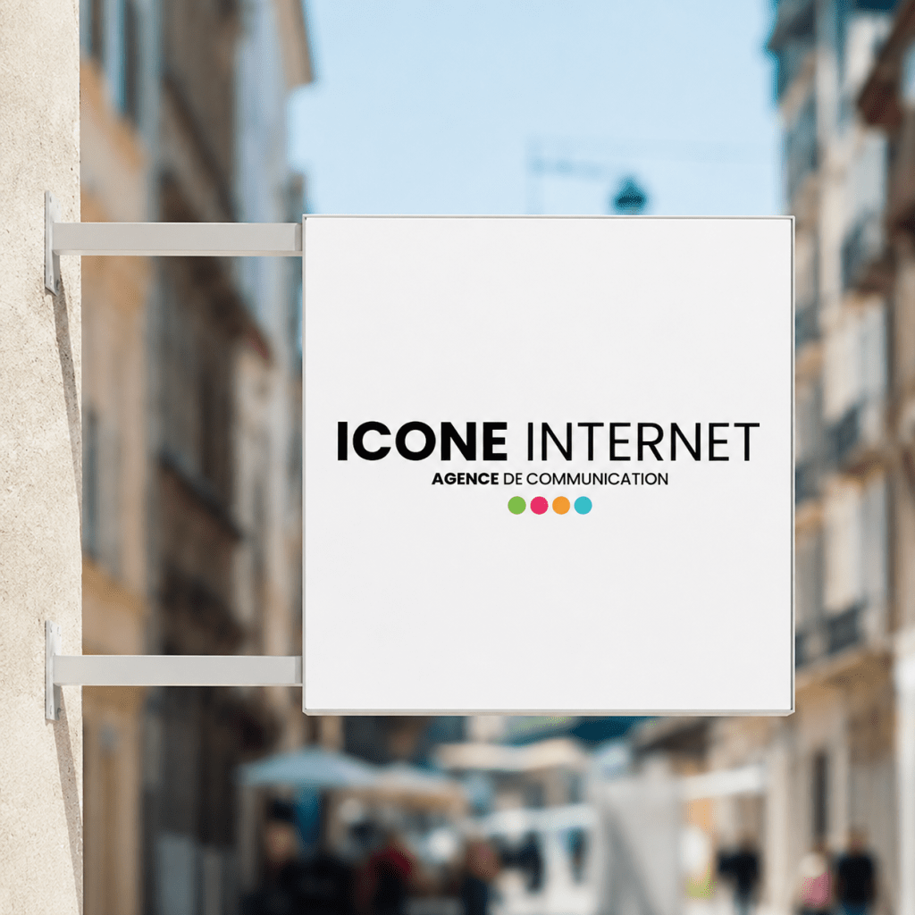 enseigne drapeau carrée lumineuse Icone Internet sur façade à Chateaurenard