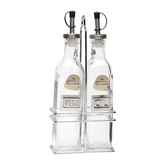 Bouteille en verre pour huile et vinaigre avec support chromé GOODIES vaisselle personnalisés et publicitaire