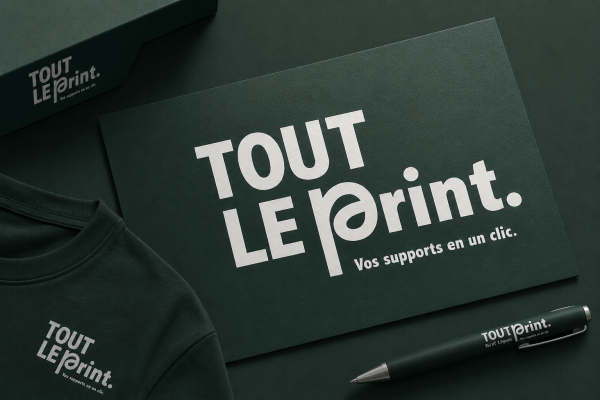 Visuel de marque Tout Le Print sur fond vert, avec t-shirt, carte et stylo assortis