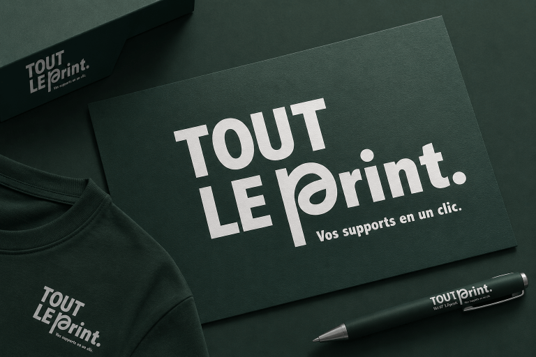 Visuel de marque Tout Le Print sur fond vert, avec t-shirt, carte et stylo assortis