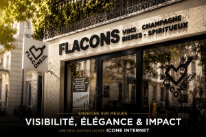Façade de la boutique FLACONS avec enseigne sur mesure pour vins, bières et spiritueux, et slogan « Visibilité, élégance & impact »