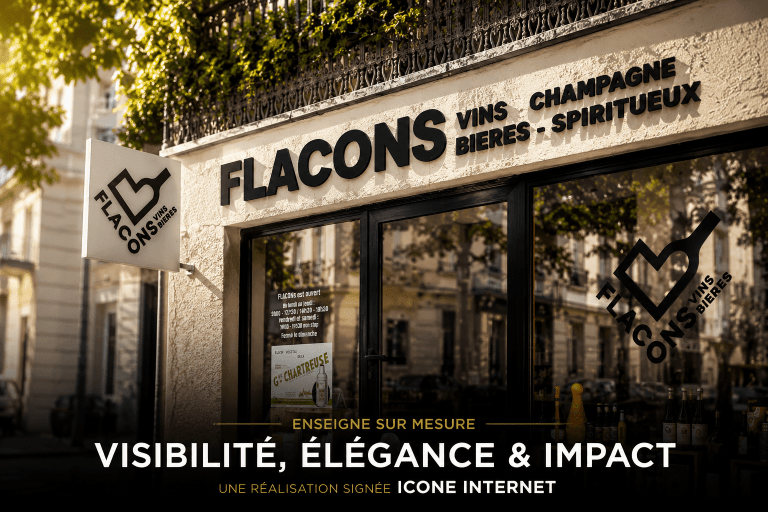 Façade de la boutique FLACONS avec enseigne sur mesure pour vins, bières et spiritueux, et slogan « Visibilité, élégance & impact »