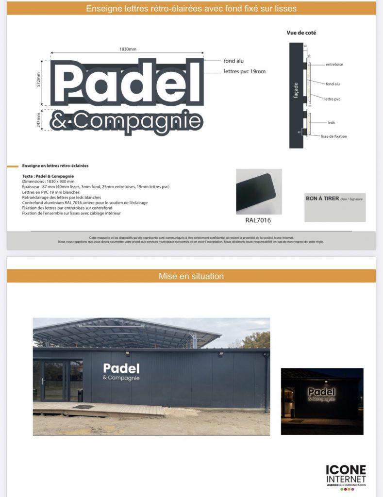 Maquette d’enseigne rétroéclairée « Padel & Compagnie » avec vue de côté et mise en situation sur façade