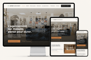 Nouveau site internet responsive Castany Agencement présenté sur ordinateur, tablette et smartphone