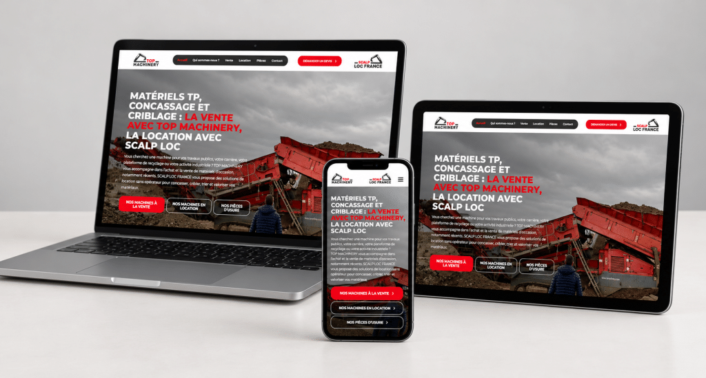 Écrans montrant le site Top Machinery avec interface responsive, prestation Création de site internet et référencement à Avignon