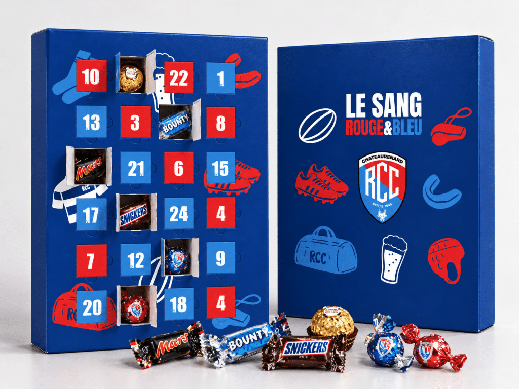 Calendrier de l'Avent personnalisé RCC Le Sang Rouge & Bleu ouvert avec chocolats