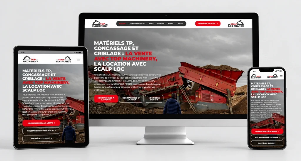 Présentation responsive du site Top Machinery sur écran complet, tablette et mobile - Création du site web