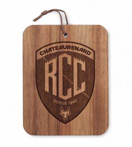 Planche à découper personnalisée Rcc Chateaurenard avec blason gravé et lanière