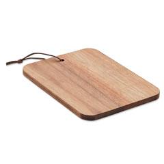 Planche rectangulaire claire avec chant sombre et lanière en cuir, perspective inclinée